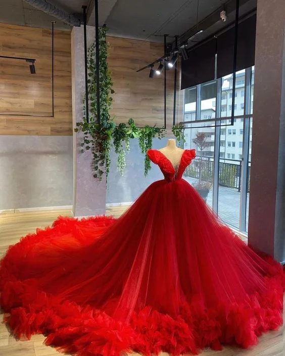 Flutter-Sleeve DressRed gorgeous grand elegant long ball gown prom dress evening dress gh1804