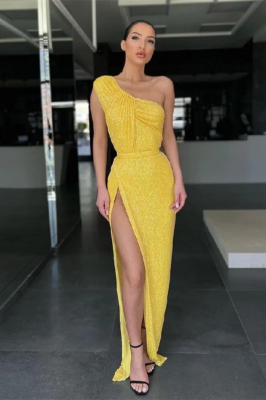 women's everyday dressesAmazing Yellow One Shoulder Sequins evening Dress Mermaid With Slit  gh2002