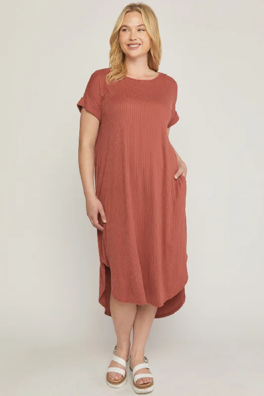 Casual DressRibbed Pocket Midi Dress, Terra Cotta