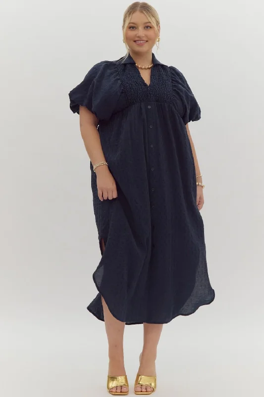 Tiered DressTextured Puff Sleeve Midi Dress, Navy