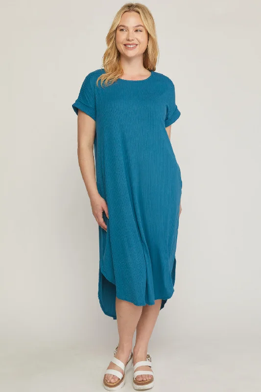 Bridesmaid DressRibbed Pocket Midi Dress, Teal