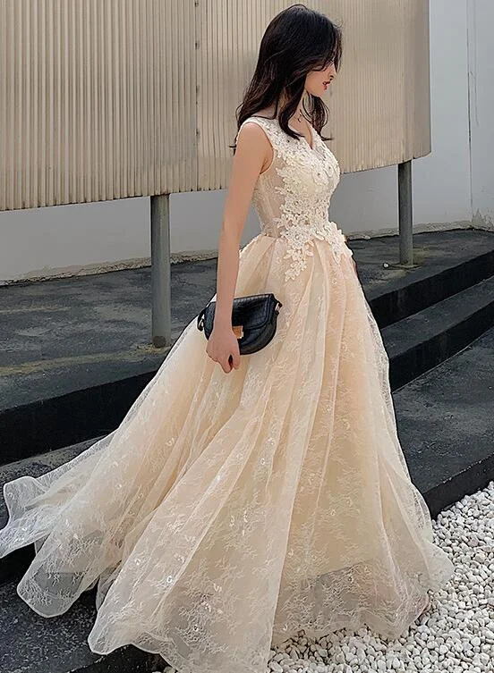 Zipper DressChampagne Lace V-Neckline Tulle Long Evening Dress Prom Dress, A-Line Lace Formal Dresses gh79