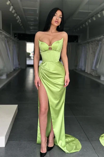 women's pear-shaped body dressesSAGE GREEN SWEETHEART MERMAID EVENING DRESS SLEEVELESS WITH SLIT  gh1863