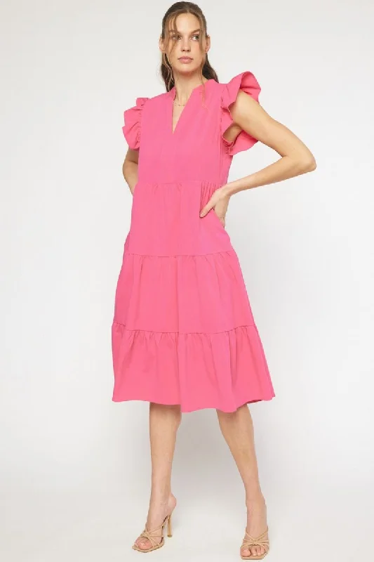 women's fair-trade dressesRuffled Pocket Tiered Midi Dress, Hot Pink