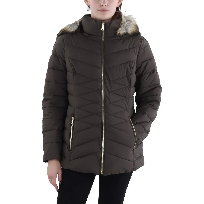 casual women's coatsWomens Faux Fur Trim Hooded Puffer Jacket