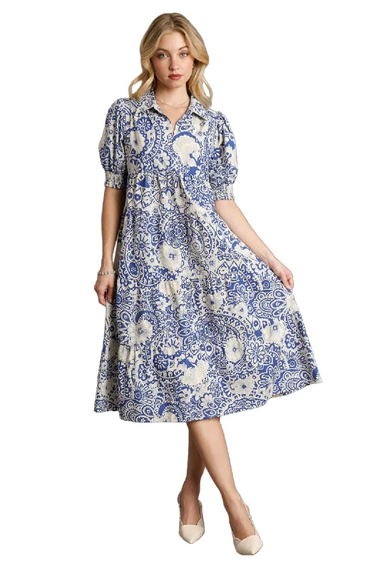 women's cinched-waist dressesAbstract Print Midi Dress, Blue