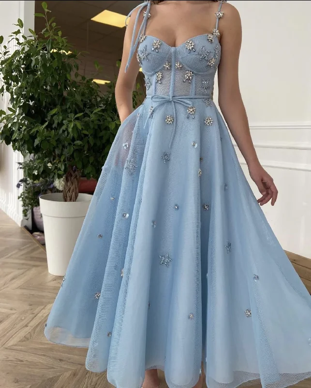 Bridesmaid DressLight Blue A-Line Prom Dresses Spaghetti Straps Long Evening Formal Gown  gh1829