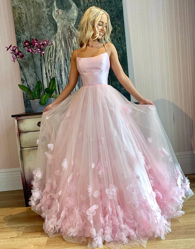 Custom DressPink tulle 3d applique long prom dress, pink tulle evening dress gh904