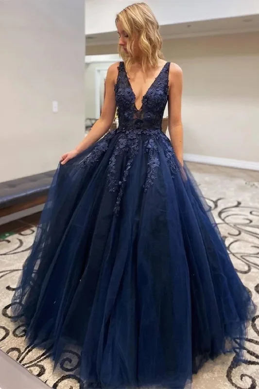 Casual Chic DressA Line V Neck Dark Blue Lace Beaded Prom Dresses, Dark Blue Lace Long Formal Evening Dresses gh1163