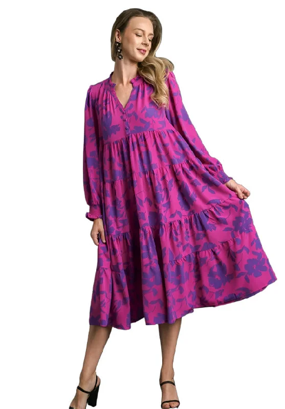 women's statement dressesFloral Print Midi Dress, Magenta