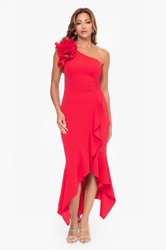 women's evening dresses"May" Midi Scuba Crepe Asymmetrical Ruffle Dress