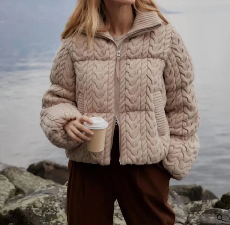 women's coats for maximalist fashion loversReggie Cable Knit Puffer In Light Taupe