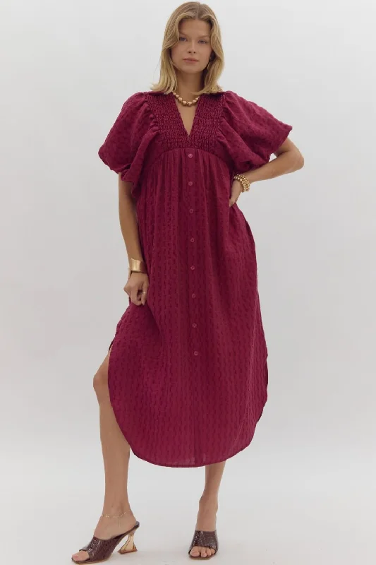 Cut-Out DressTextured Puff Sleeve Midi Dress, Plum