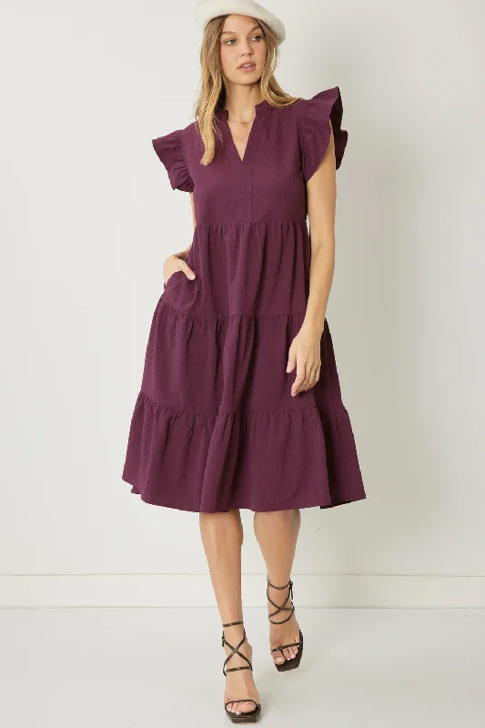 Sheath DressRuffled Pocket Tiered Midi Dress, Eggplant