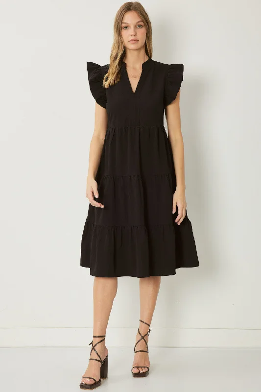 Tea-Length DressRuffled Pocket Tiered Midi Dress, Black