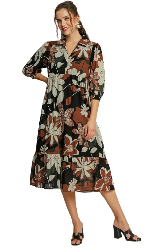 women's wedding guest dressesFloral Abstract Tiered Midi Dress, Rust