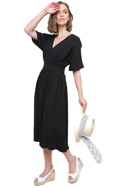 Retro DressSurplice Cotton Midi Dress, Black