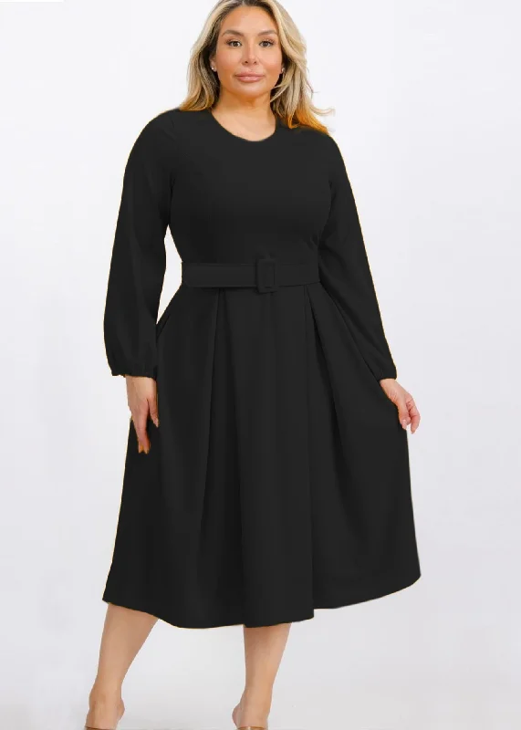 women's ruffle dressesPlus Size Bishop Sleeves Sleeves Midi Dress with Belt