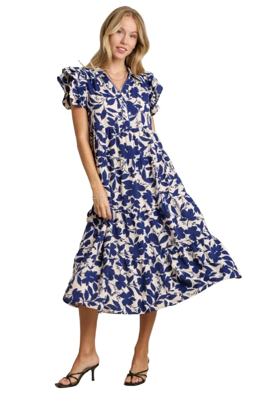 women's cold-shoulder dressesTwo Tone Floral Midi Dress, Navy