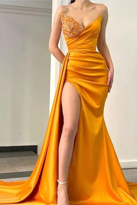 women's spaghetti strap dressesSweetheart Beadings Orange Mermaid Evening Dress Split With Ruffles gh1898