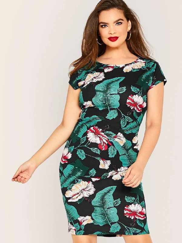 Bohemian DressPlus Tropical Floral Print Bodycon Dress