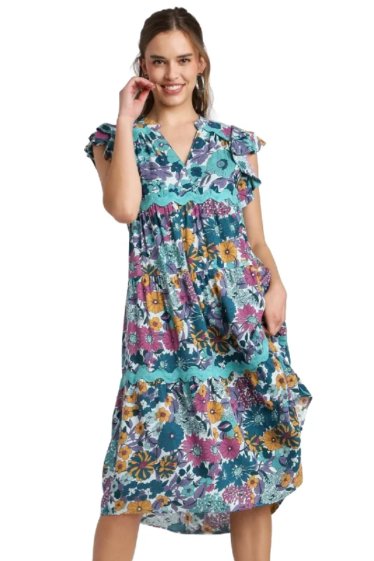 women's curve-hugging dressesFloral Ric Rac Midi Dress, Jade