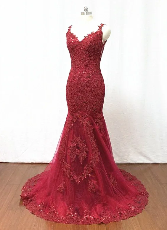 women's statement dressesElegant Burgundy Tulle Lace Long Mermaid Evening Dress, Beautiful Prom Dress   gh440