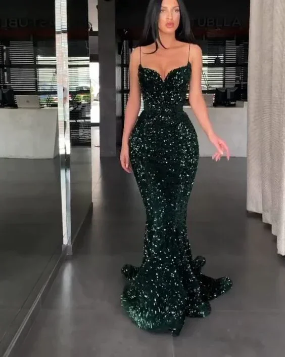 A-Line DressSparkly Mermaid Sweetheart Spaghetti Straps Green Sequin Long Prom Evening Dresses gh1087