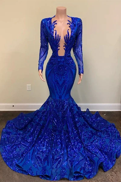 Floral DressLong Sleeves Sequined Prom Dresses Mermaid Royal Blue for Black Girls Celebrity Sexy African Formal Evening Gowns  gh1793