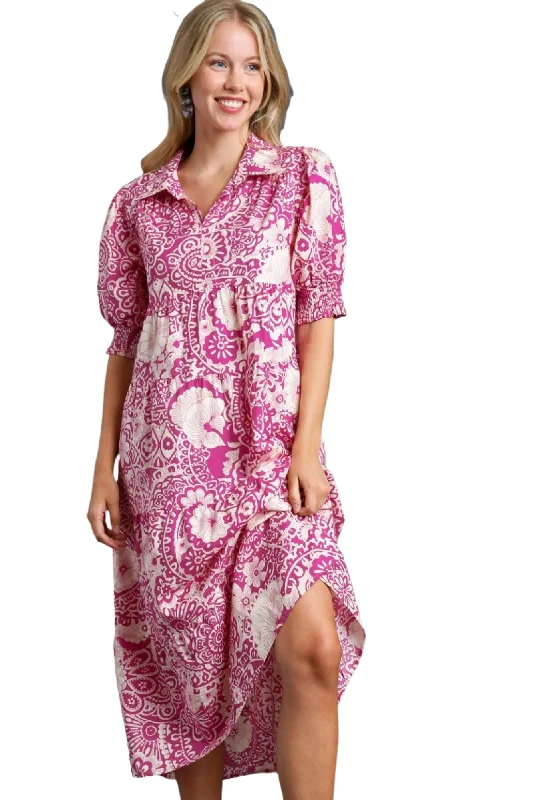 women's floral dressesAbstract Print Midi Dress, Magenta