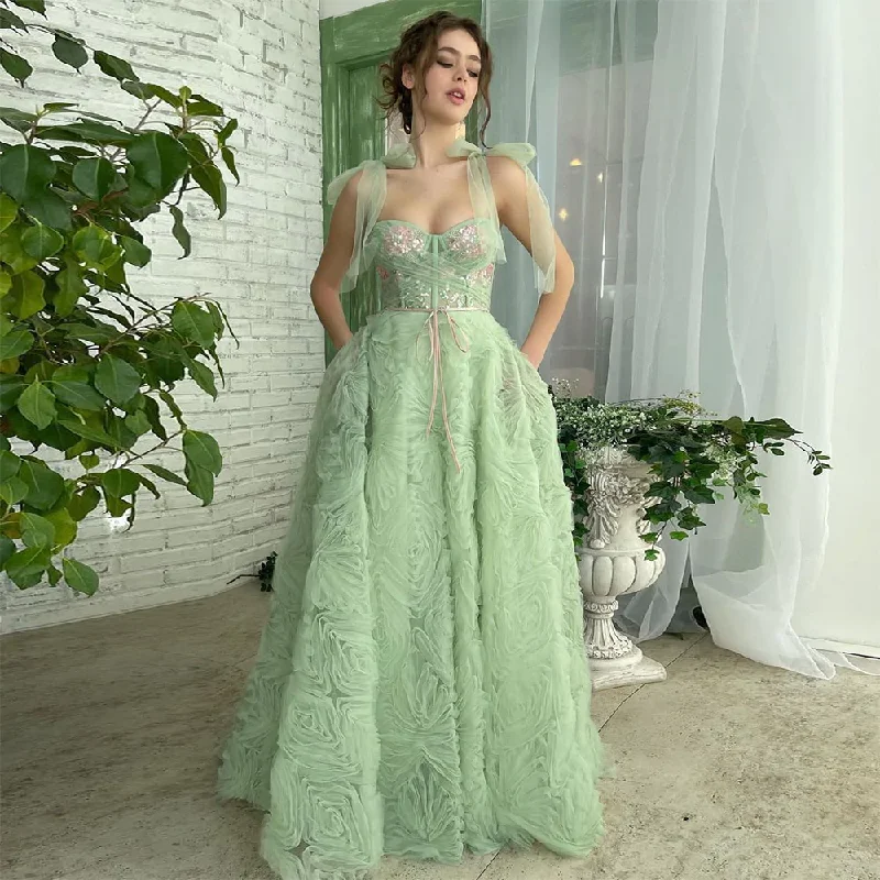 women's wrinkle-resistant dressesGorgeous green long tiered ruffled ball gown embroidered lace applique beaded bow strappy evening gown with pockets gh1846