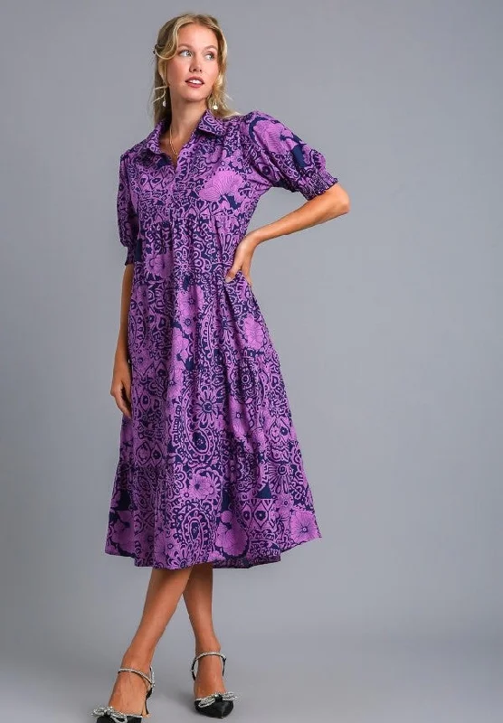 women's machine-washable dressesAbstract Print Midi Dress, Eggplant