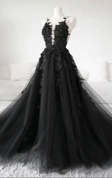 Floor-Length DressUnique Black Tulle V Neck Sheer Back Lace Applique Evening Dress, Formal Dress  gh1077