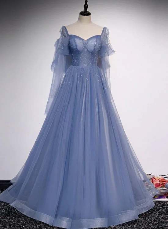 High-Low DressBlue Tulle Beaded Sweetheart Unique Long Prom Dress, Blue Evening Dress Formal Dress  gh103