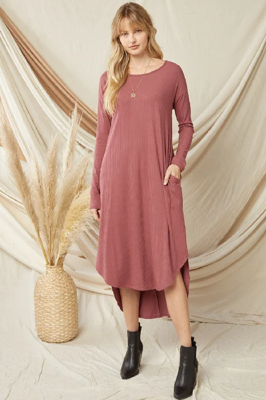 Laced-Up DressRibbed Pocket Midi Dress, Marsala