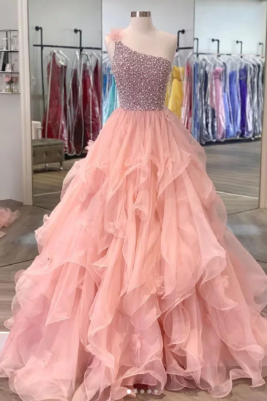 Plus-Size DressGorgeous One Shoulder Beaded Pink Long Prom Dresses, Fluffy Pink Formal Evening Dresses, Beaded Ball Gown  gh920