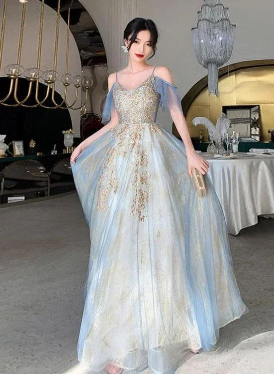 Elegant DressCharming Lace Light Blue V-Neckline Long Prom Dress, A-Line Formal Dress Evening Dress  gh204