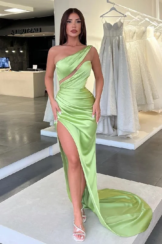 women's sheath dressesLight Green One-Shoulder Long Sleeveless Slit Evening Dress gh1905