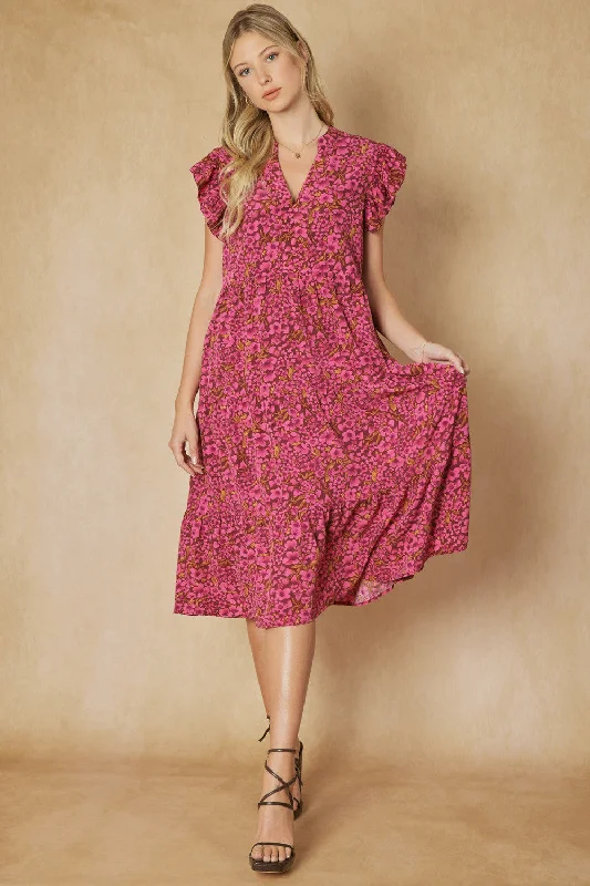 women's bespoke dressesFloral Tiered Ruffle Midi Dress, Burgundy