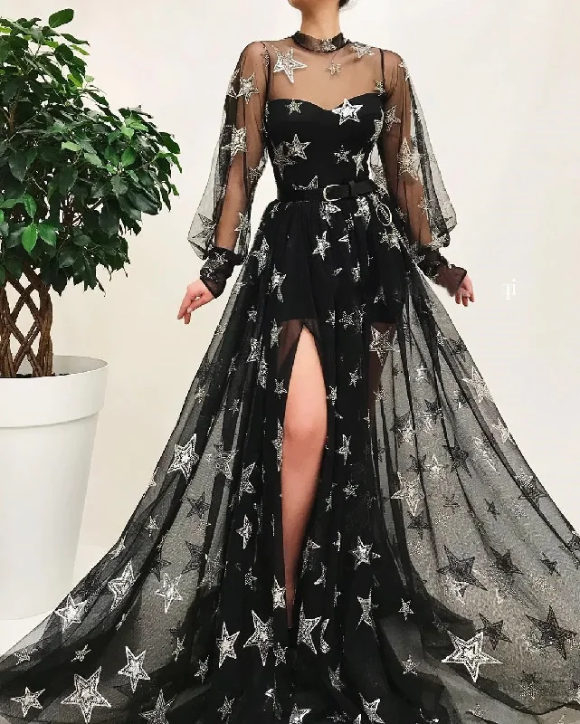 Bohemian DressBlack High Neck Sparkly Long Sleeve Unique Prom Dress Gorgeous Evening Gowns  gh871