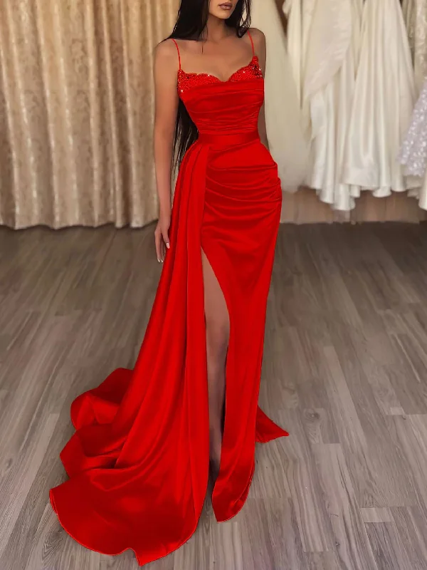 women's tall dressesBurgundy satin mermaid long prom dress burgundy evening dress gh1869