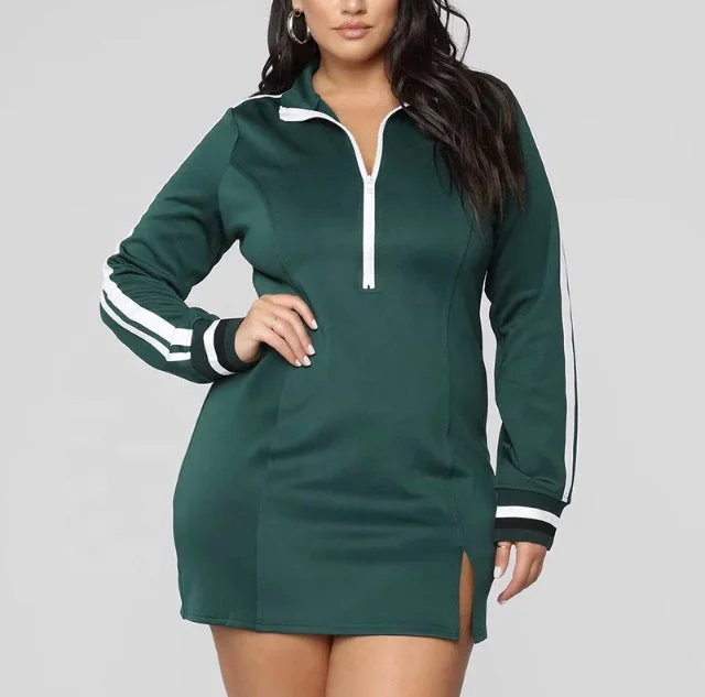 Short-Sleeve DressPlus Size Bodycon Jersey Dress with Front Zipper in Heather Green and White