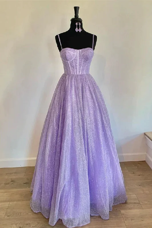 Long-Sleeve DressSpaghetti Straps Sparkly Lilac A Line Prom Dresses Sequin Evening Dress gh1975