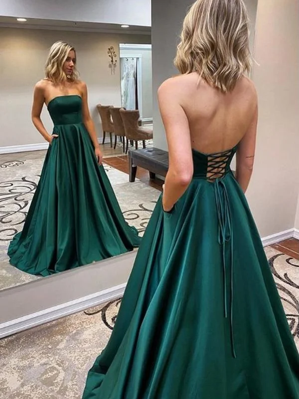 Trumpet DressStrapless Emerald Green Satin Long Prom Dresses, Emerald Green Floor Length Long Formal Evening Dresses  gh1081