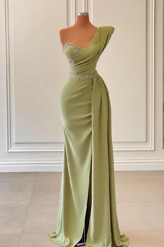 women's A-line dressesSage green elegant one shoulder slit long fitted mermaid ball gown evening dress with beads gh793