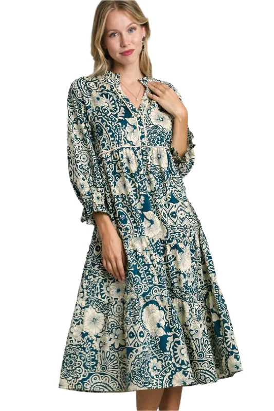 women's evening dressesTwo Tone Floral Tiered Midi Dress, Peacock