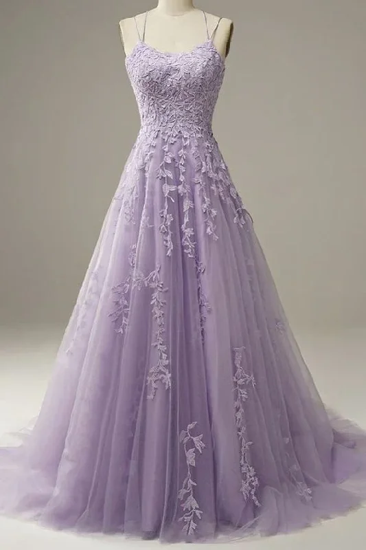 women's midi dressesCustom Made Lace Lilac Prom Dresses Long Evening Dress Spaghetti Straps Formal Gown with Train  gh1151