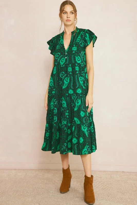 women's short-sleeved dressesFloral & Leaf Ruffle Midi Dress