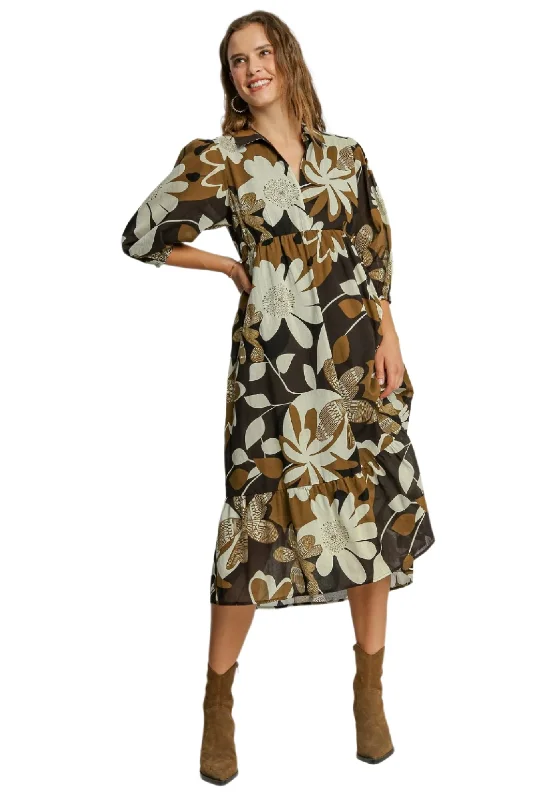 women's midi dressesFloral Abstract Tiered Midi Dress, Camel