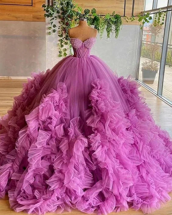 Scoop-Neck DressSweetheart Purple Beading Bodice Tulle Ruffle Pleated Ball Gown Evening Dress prom gown gh951